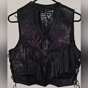 Women’s Leather Fringe Biker Vest XS Western Rose Inlay Concho Laced Sides 90s V